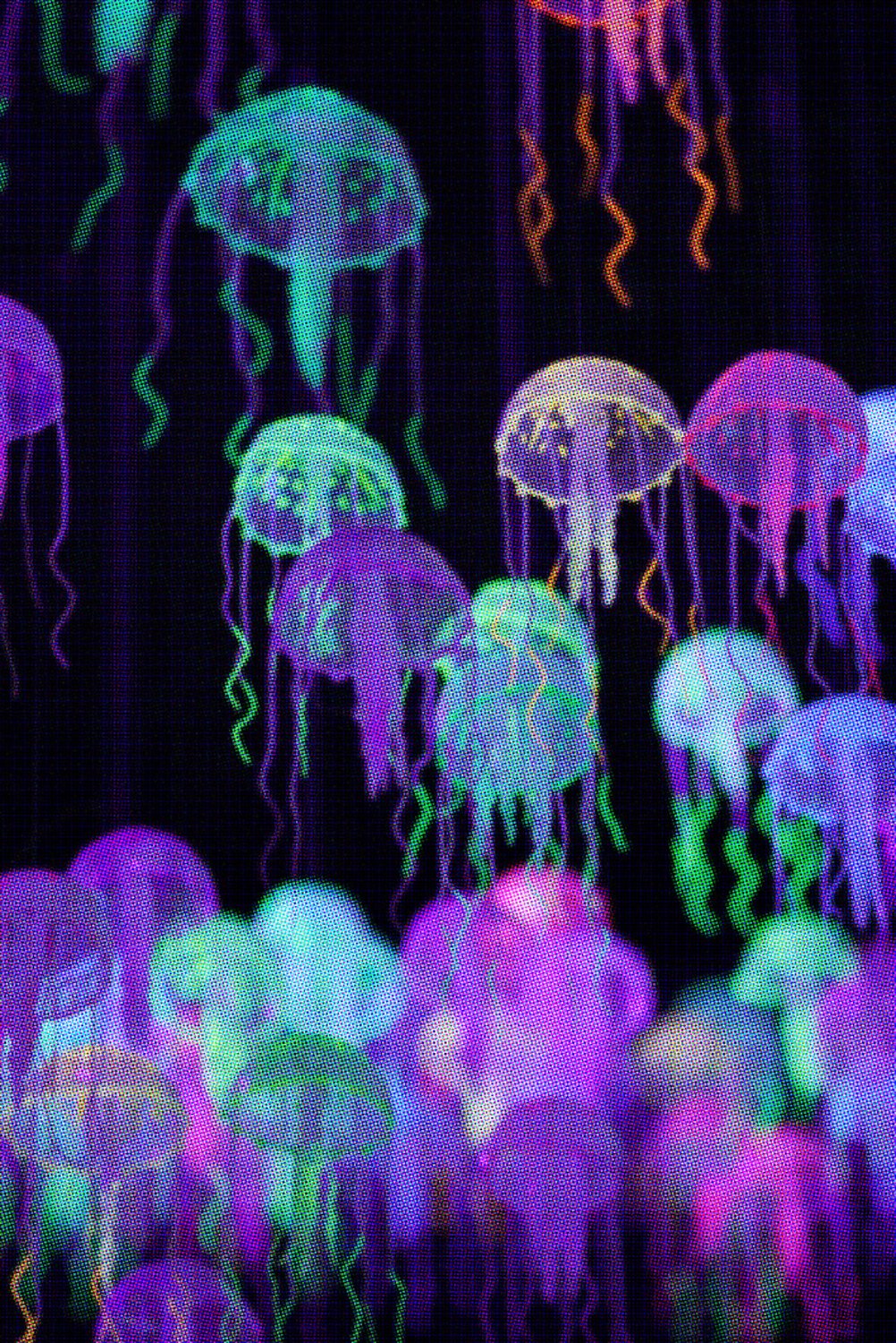 Alternative Edge Section Image: Multiple neon jellyfish swim upwards. They are green, purple, pink