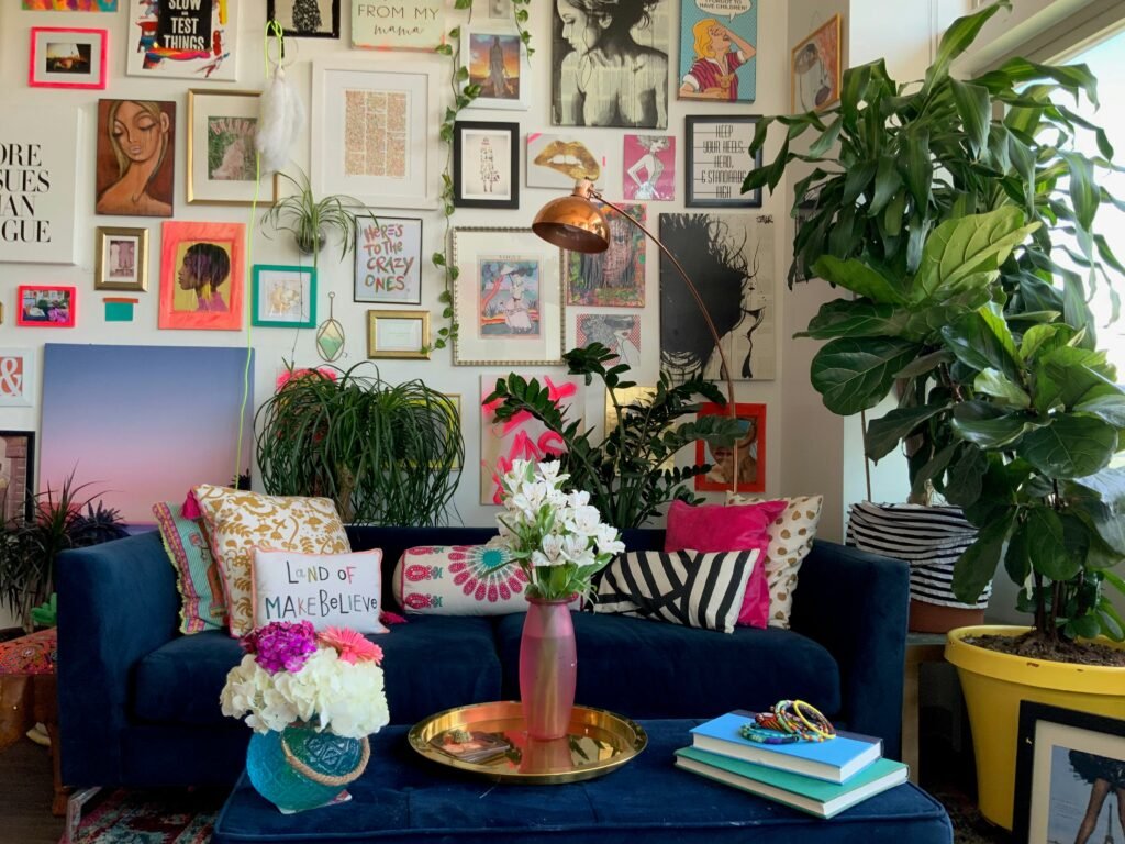 A livingroom with multiple eclectic designs and patterns